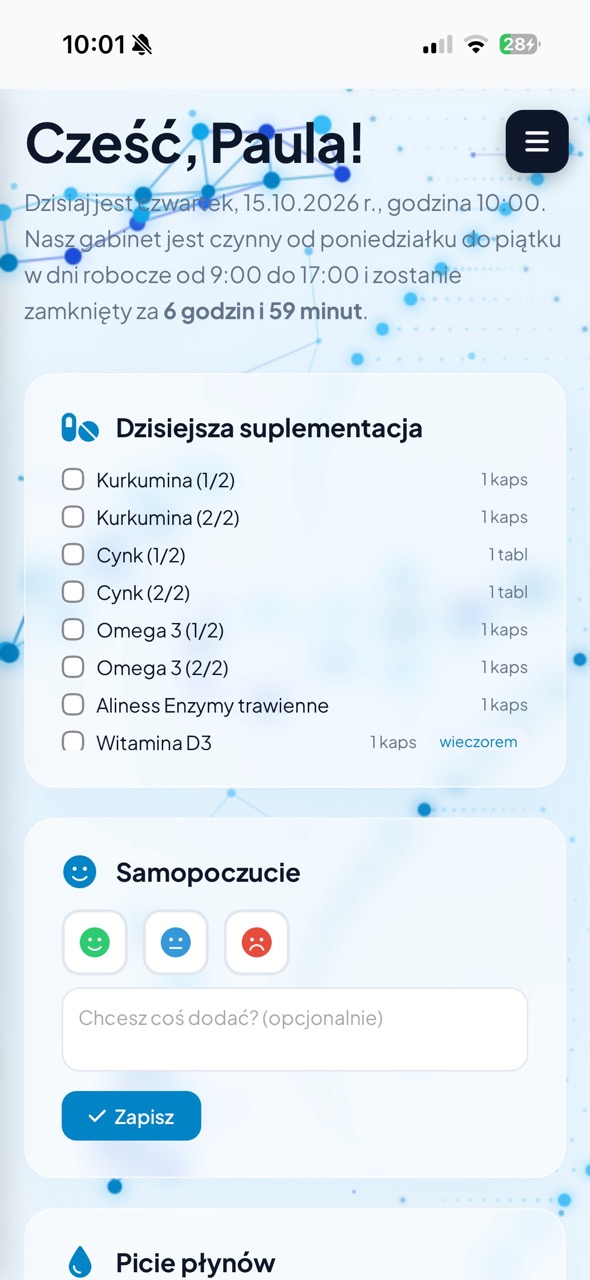 Ekran powitalny Strefy Pacjenta z dzisiejszą suplementacją i samopoczuciem