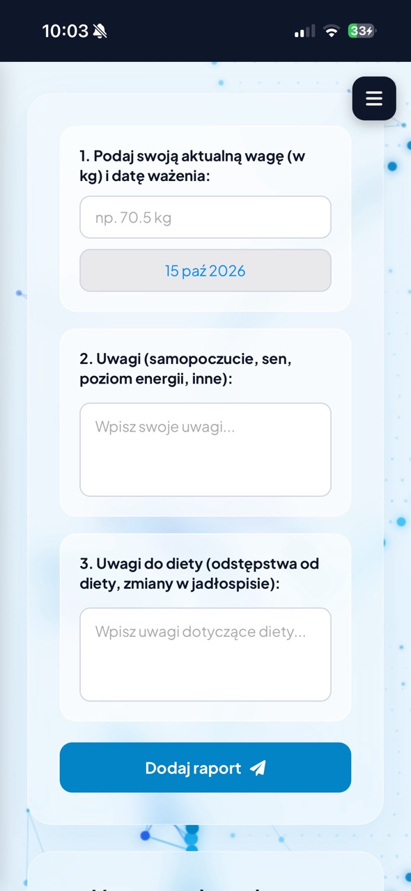 Formularz raportu z wagą i uwagami w Strefie Pacjenta